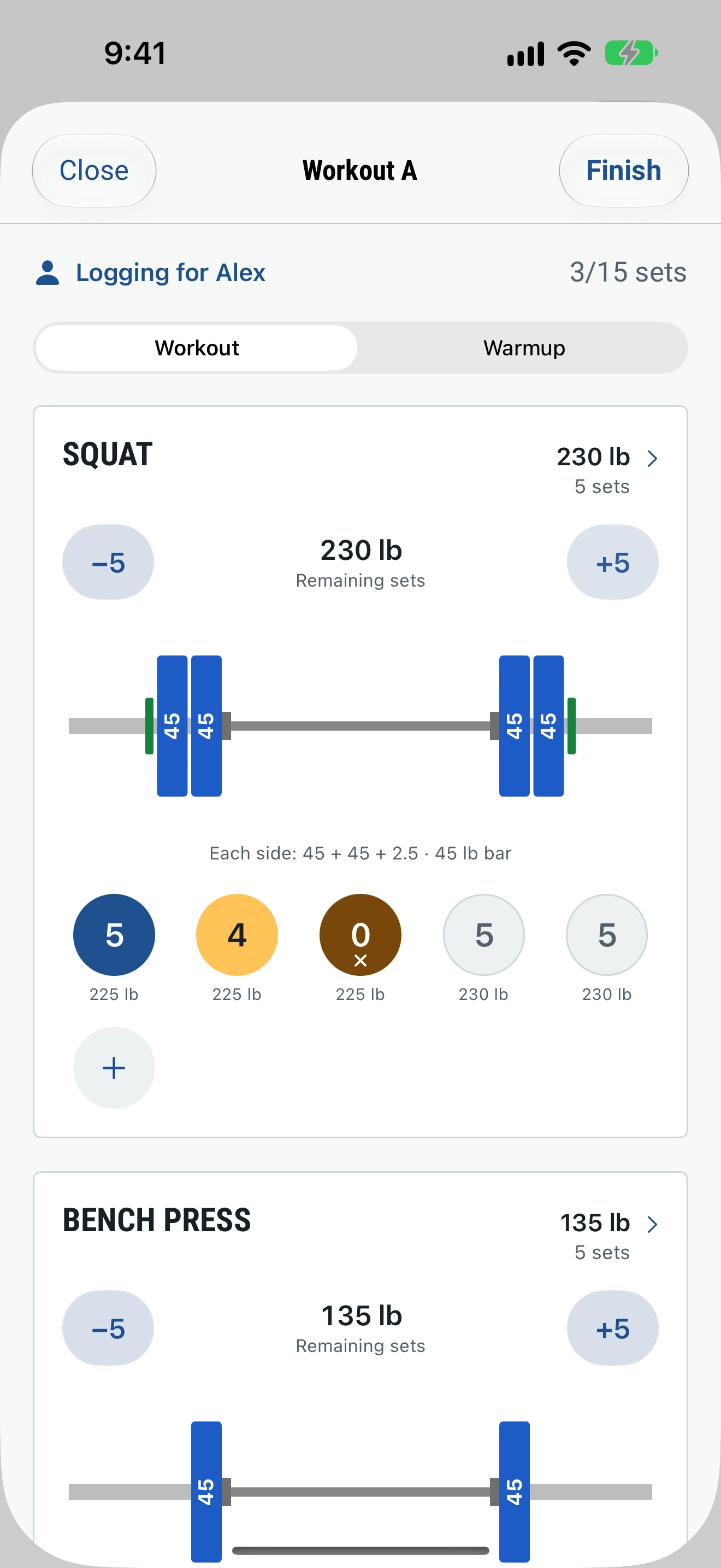 Iron Sheet workout screen: each lift has −5 and +5 buttons, a drawing of the plates on the bar, and a row of sets you tap to log reps.